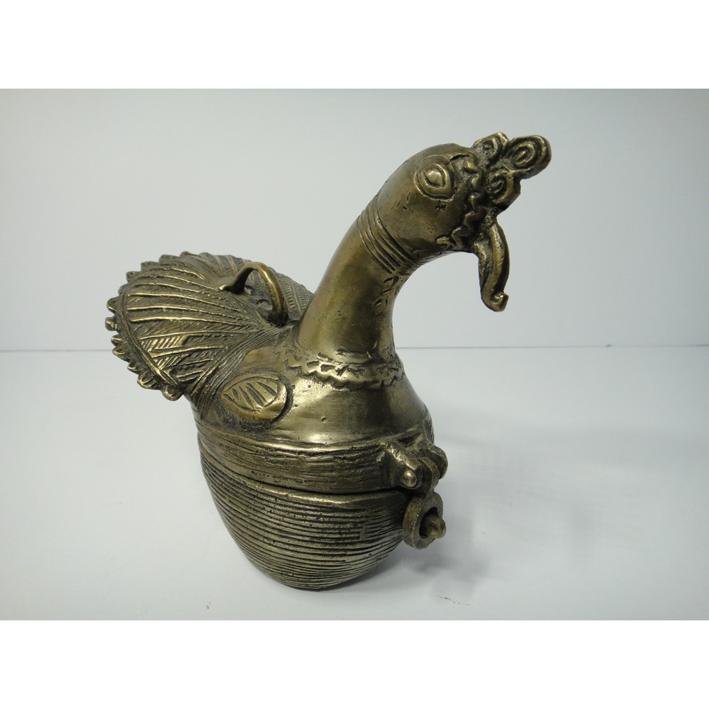 Vintage Dhokra Brass Peacock Betel Nut Box Indian Folk Art Trinket Container